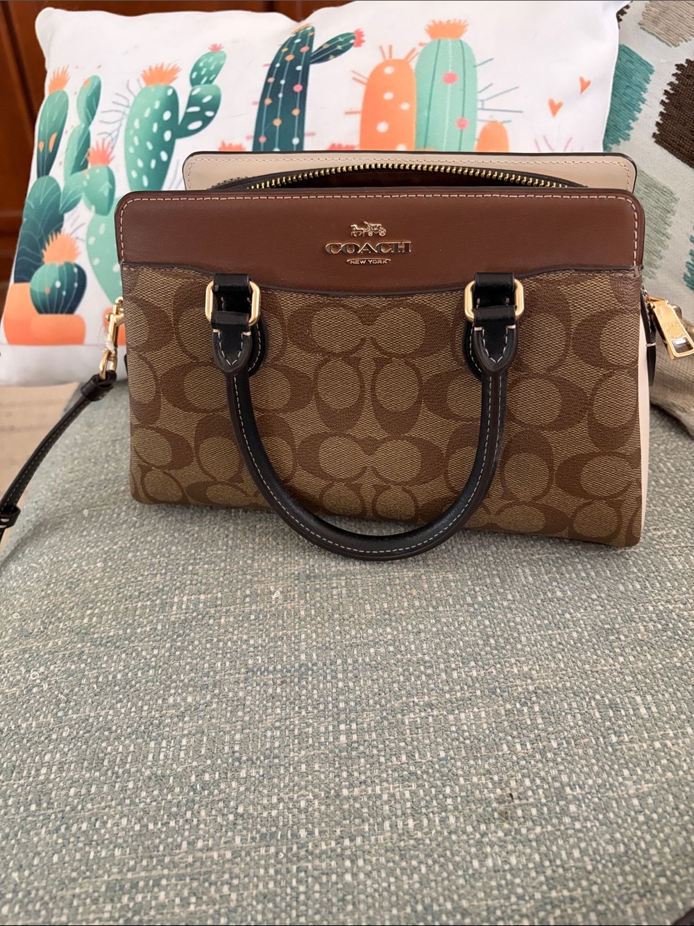 Coach Brown Signature Canvas Satchel with Dark Brown Handles and Tan Trim